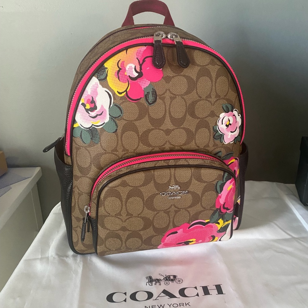 Coach Court Backpack In Signature Canvas With Vintage Rose Print